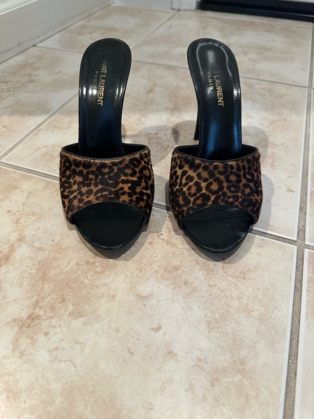 Saint Laurent Leopard-Print Open Toe Mules in Brown and Black - Picture 3 of 6